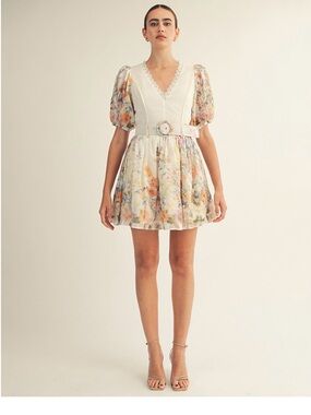 Arose Studio Ivory Floral V-Neck Puff-Sleeve Mini Dress with Buckle Belt